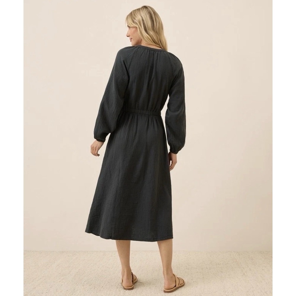 PACT Coastal Double Gauze Poet Sleeve Midi Dress XL Black Organic Cotton Dress - Picture 2 of 7